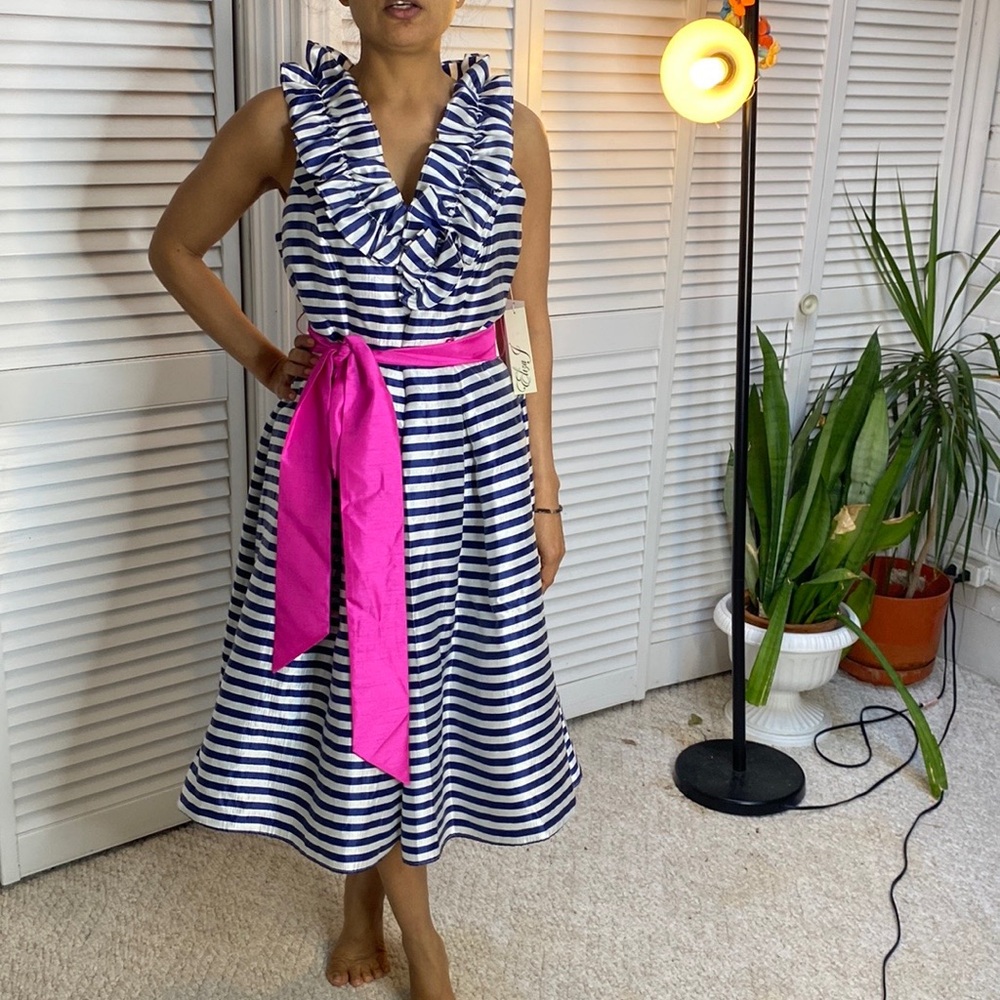 Eliza J size 6 blue & white striped dress with pink sash and ruffled neckline